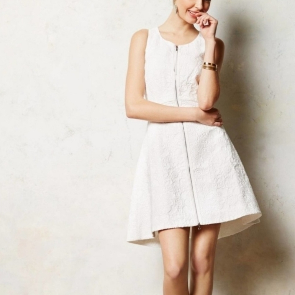 Anthropologie Leofsdottir 0 White Brocade Zip A-Line Dress